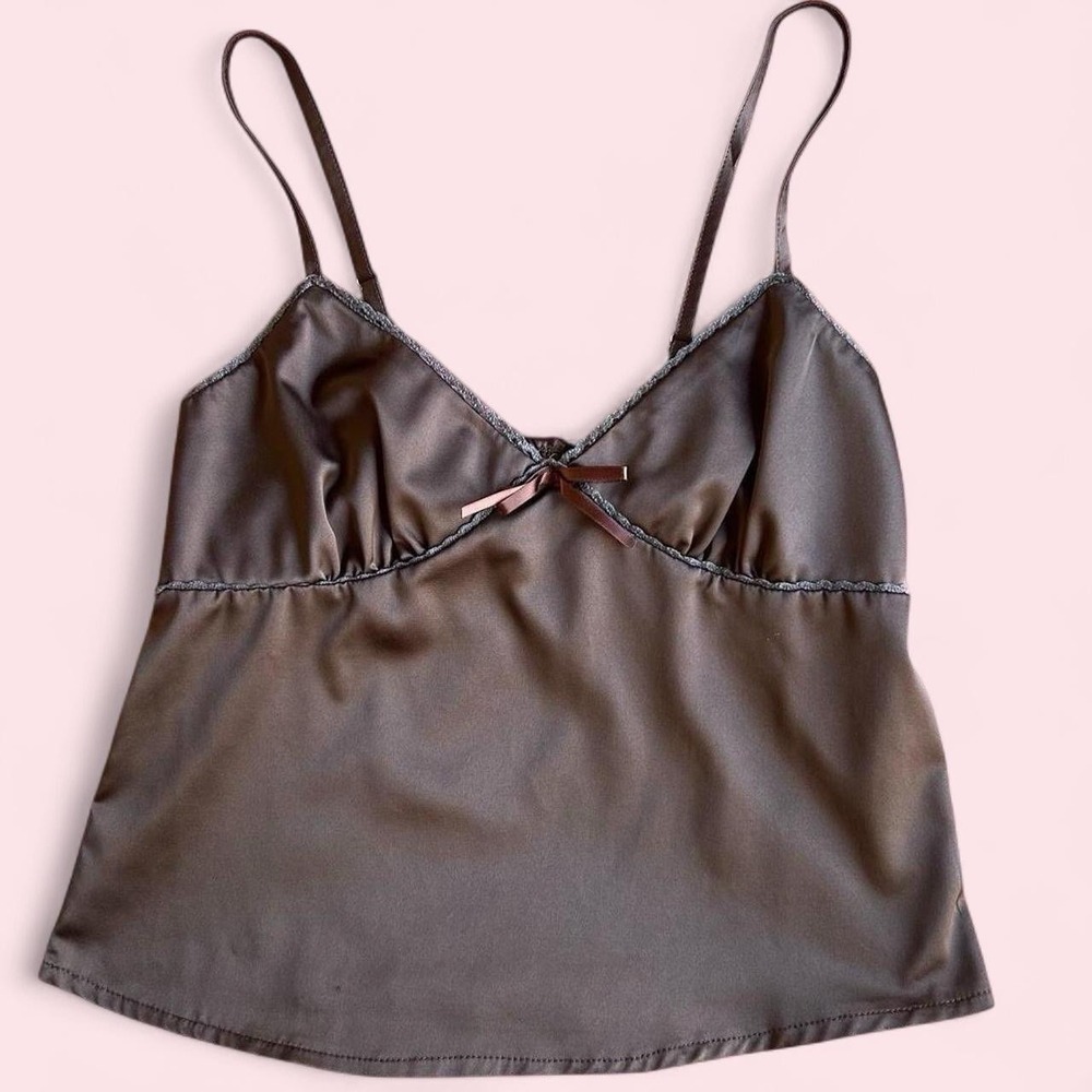 Women's Brown Satin Camisole Tank Top Solid Lace Trim Bow Adjustable Straps